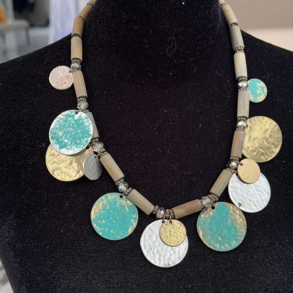 Boho Mixed Metal Disk Charm Wooden Bead Statement Necklace